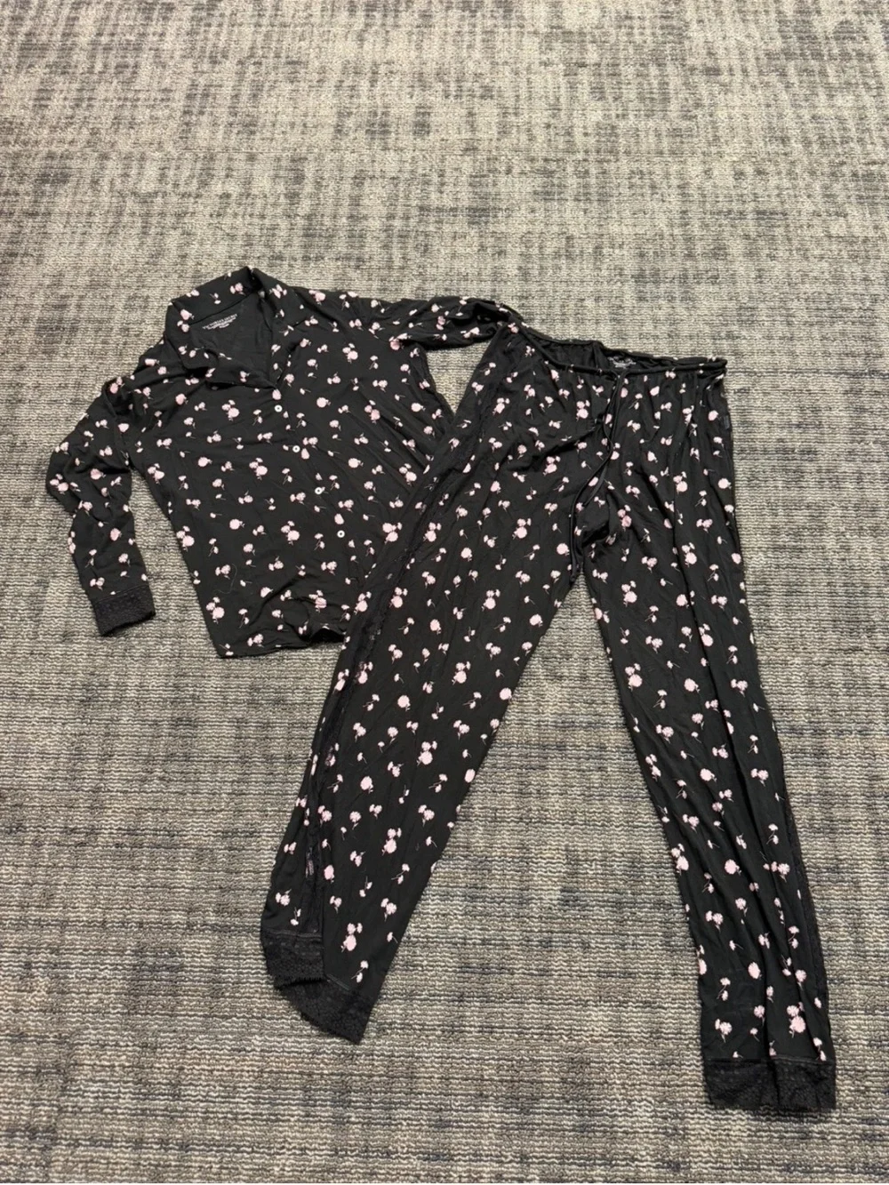 Victoria's Secret Black & Pink Floral Pajama Set - Super Soft with Lace Trim -M